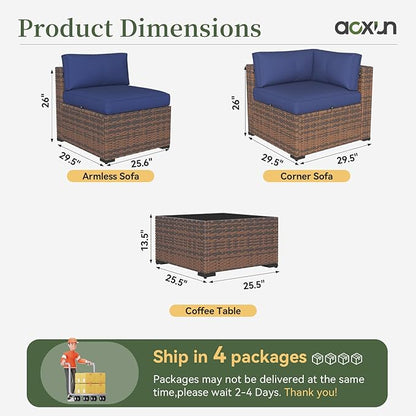 Aoxun 14 Piece Patio Furniture Set Wicker Rattan Patio Conversation Set Outdoor Sectional Sofa Set with Coffee Table and Thickened Cushions, Blue(Waterproof Cover Included)