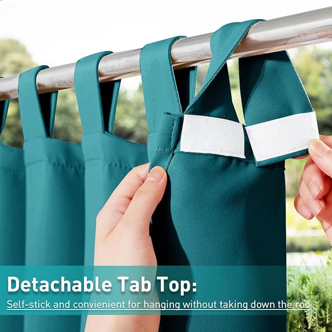 NICETOWN 2 Panels Peacock Teal Patio Curtainss Outdoor Waterproof with Self-Adhesive Tab Top, Thermal Insulated Heat & Cold Blocking Outdoor Curtainss for Easy Hanging & Sliding, W52 x L95