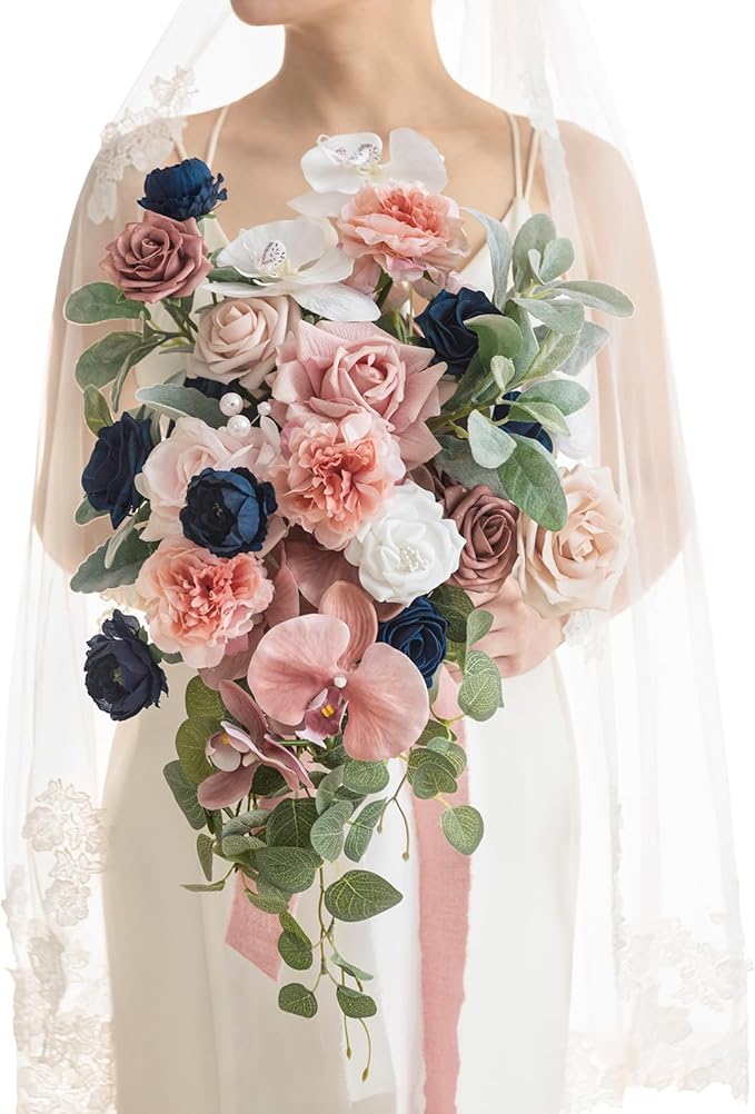 Artificial Bridal Bouquet in Dusty Rose and Navy, Cascading Silk Flowers with Pearls