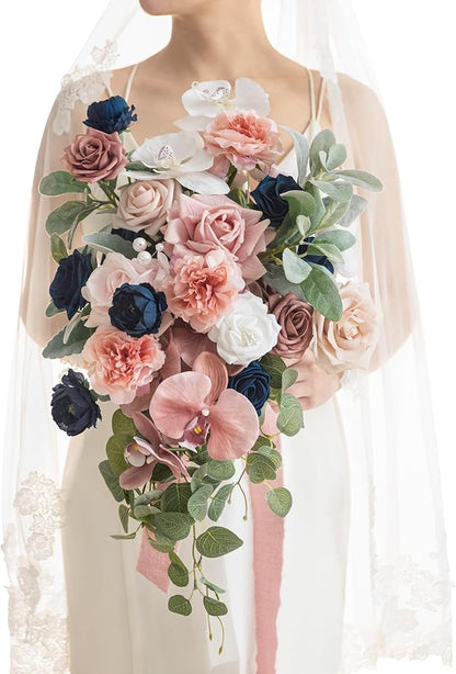 Artificial Bridal Bouquet in Dusty Rose and Navy, Cascading Silk Flowers with Pearls