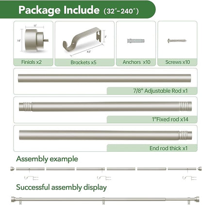 Curtain Rods for Windows 32 to 240, 1 Inch Adjustable Heavy Duty Long Window Curtain Rod with Simple End Caps, Outdoor Drapery Rods for Patio, Size 32"-240", Brushed Nickel