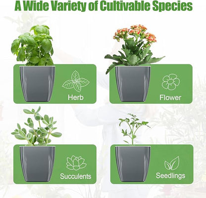 4 Pack Self Watering Pots 4-inch Decorative Flower Planters for Indoor Plants Modern Square planters for Small Plants Window Sill Planters for Succulents, African Violets, Herbs(Sliver Black)