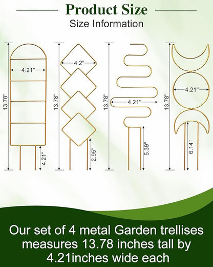 4 Pack Trellis for Climbing Plant Indoor, Small Metal Garden Trellis for Potted Plants Outdoor, Stake Mini Houseplant Trellis Support for Hoya, Vines, Pothos, Monstera (Gold)