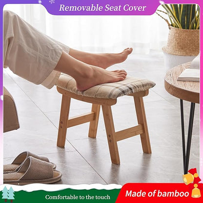 Foot Stool,Ottoman,Bamboo Small Sofa Foot Rest Under Desk,Extra Seating for Living Room, Bedroom and Kitchen (Natural Stool Legs - Stripes Surface)