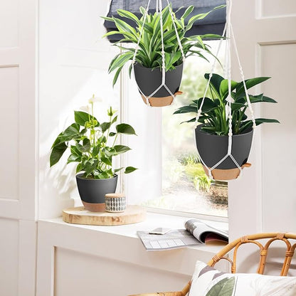 41.5 Inch Macrame Plant Hanger Indoor Outdoor with 12 Inch Flower Pot, Hanging Planter for Plants Holder with Wood Beads for Boho Home Decor (Ivory+Black)