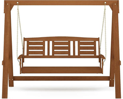 Furinno Tioman Hardwood Patio / Garden / Outdoor Large Porch Swing, 3 Seater with Hanging Frame, Natural