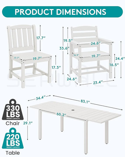SERWALL 7-Piece Outdoor Dining Set, 60" - 83" Expandable Outdoor Dining Table and 6 HDPE Chairs, All Weather HDPE Outdoor Furniture Set for Backyard, Garden, White