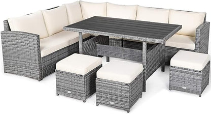 Tangkula 7 Pieces Patio Furniture Set, Outdoor Sectional Rattan Dining Sofa Set with Cushions, All Weather Wicker Conversation Couch Set with Dining Table & Ottomans for Yard Garden Poolside, White