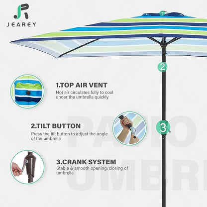 JEAREY 6.5x10 ft Rectangular Patio Umbrellas Rectangle Outdoor Umbrella with Push Button Tilt and Crank, Market Table Umbrella 6 Sturdy Ribs UV Protection for Poolside Garden Backyard Deck, Blue-Green Stripe