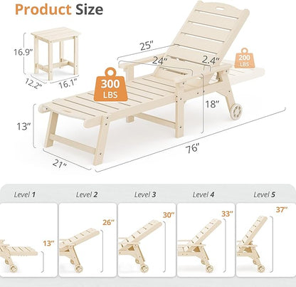 LUE BONA Chaise Lounge Chair with Table, 6-Piece, HDPS Chaise Lounger, 5 Positions Adjustable Lounge Chairs, Pool Lounge Chair with Wheels for Poolside, Backyard, Sand