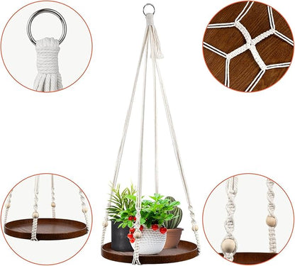 E-Know Macrame Plant Hanger - 2 Set Indoor Hanging Planter Shelf - Hanging Planter Rack Decorative Flower Pot Holder - Handmade Cotton Plant Hangers with Wood Tray Boho Home Decor