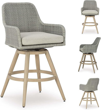 Signature Design by Ashley Seton Creek Casual Weather Resistant 360-Degree Swivel 31.75" Outdoor Bar Height StainlessBar Stool with Cushion, Set of 2, Beige & Light Gray