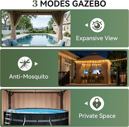 AOXUN Outdoor Gazebo for Patio 8x8 Metal Frame Canopy with Double Roofs Heavy Duty Party Tent and Shelter with Mosquito Netting and Privacy Screen for Backyard, Lawn, Garden, Deck (Khaki)