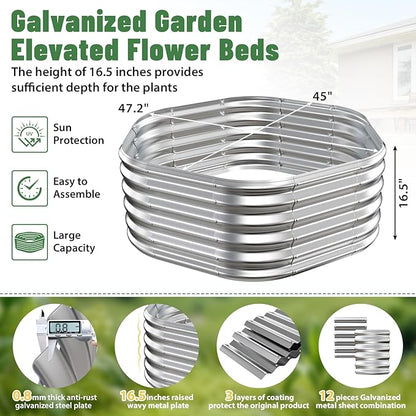 Hexagon Raised Garden Bed, 48 Inch Diagonal & 16.5 Inch Tall, Galvanized Steel Planter Box with Wave-Shaped Metal Panels for Outdoor Flower,Tree,Herb & Vegetable Garden (Silver, 4FT X 1.5FT)