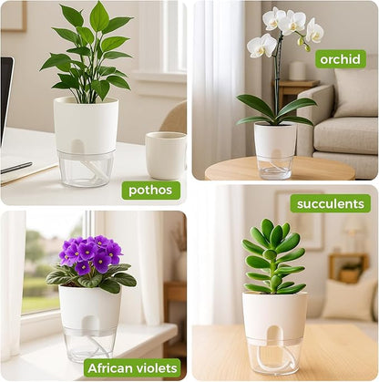 Planterhoma 3 Pack Self Watering Pots for Indoor Plants, 6 Inch Plant Pot Plastic Self Watering Planter for Orchid, African Violet, Small Clear Flower Pots with Drainage Holes and Wicking Rope, White