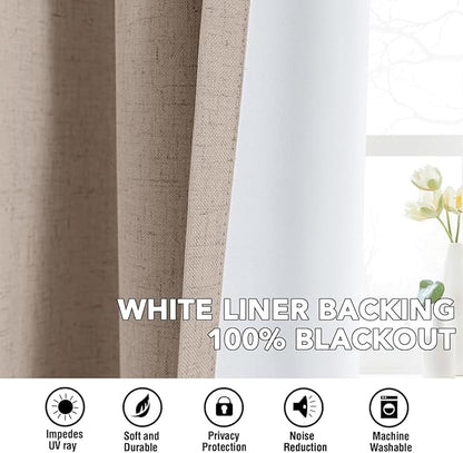 H.VERSAILTEX Linen Curtains 100% Blackout Curtains for Bedroom 96 inch Long Full Light Blocking Nature Linen Blended Window Curtains for Living Room Nickel Grommet (2 Panels, Heathered Sand)