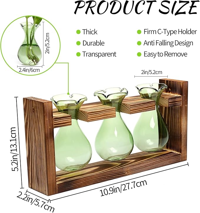 Terrarium Propagation Station, 3 Green Borosilicate Glass Bulbs, Wooden Stand
