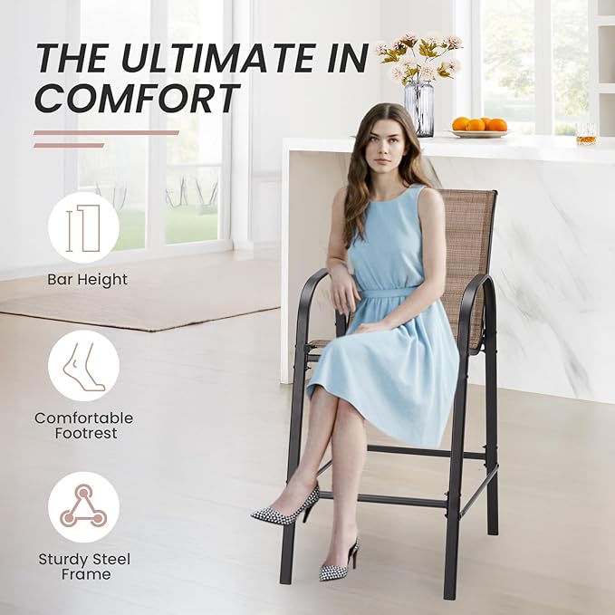 HOMREST Outdoor Bar Height Stools Set of 4,High Back Patio Chairs with Armrests,Textilene Chairs with Breathable Fabric & Metal Frame for All Weather,Brown