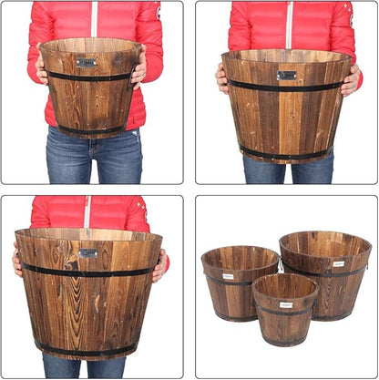 VINGLI 3 PCS Large Wooden Planter Barrel Set, 11.5"(Dia)- 18"(Dia) Real Wood Indoor/Outdoor Flower Pot w/Drainage Holes, Different Sizes, Large Garden Container Box