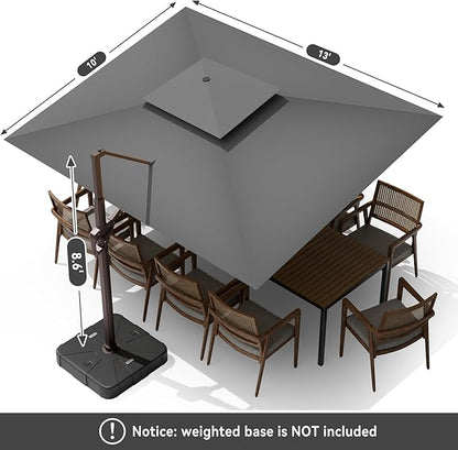 10 X 13 FT Cantilever Outdoor Patio Umbrella with Led Lights Large Heavy Duty 360° Rotation Double Top Offset Rectangular Umbrellas for Backyard Garden Pool Outside Deck, Grey