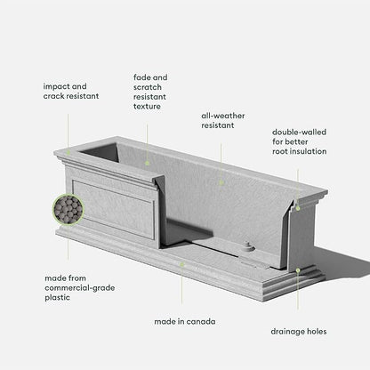 Veradek Brixton Window Box Plastic Planter - Large Rectangular Planter for Outdoor Balcony/Windowsill | Crack-Resistant All-Weather | Classic Estate Design for Flowers, Herbs, Succulents