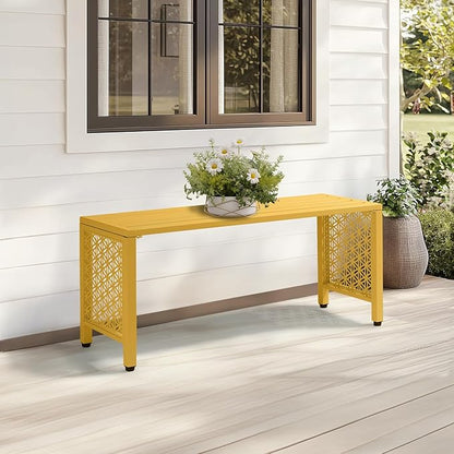 VINGLI 40in Outdoor Metal Bench, All-Weathe Backless Patio Bench with Slatted Seat＆Floral Side Panels, Rust-Resistant Garden Bench, Weatherproof Outdoor Seating for Porch Entryway Backyard (Yellow)