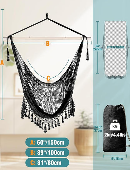 Chihee Hammock Chair Super Large Soft-Spun Cotton Rope Weaving Hanging Chair, Collapsible Strong Metal Spreader Bar Wide Seat Lace Stretch Swing Chairs Indoor Outdoor Garden Yard Theme Decoration
