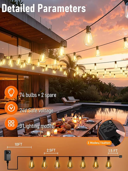 luckystyle 200FT LED Outdoor String Lights with Remote, 74+2 Shatterproof Bulbs Waterproof and Dimmable Patio Lights for Porch, Garden, Backyard, Deck, Balcony, 2700K Hanging Lighting