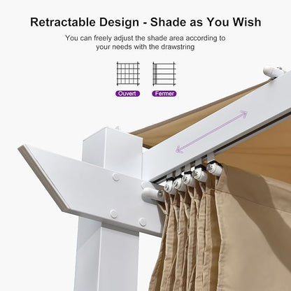 PURPLE LEAF 10' x 13' Aluminum Outdoor Pergola White Retractable Pergola with Double Sun Shade Canopy Wind-Resistant Heavy-Duty Metal Pergola for Patios Deck Backyard Garden, Khaki