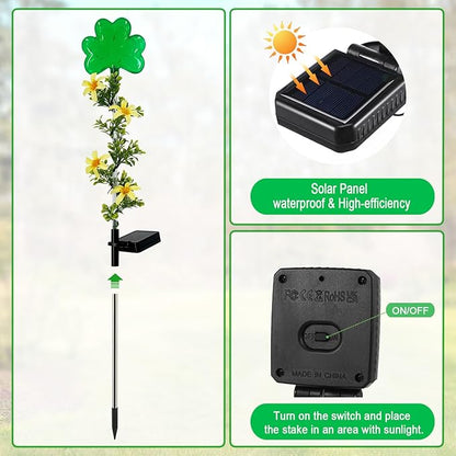 ST Patrick's Day Decorations Outdoor,2 Pack Shamrock Solar Lights Outdoor,Solar Powered Green Fairy Lights Holiday Decorations for Yard,Lawn,Garden Stkae