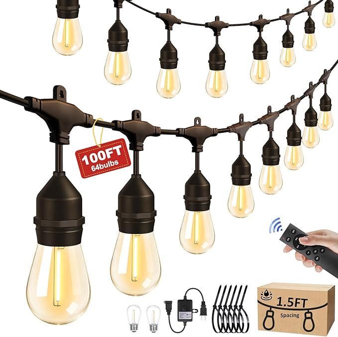String Lights 100FT Outdoor LED with 64+4 Warm Yellow Bulbs