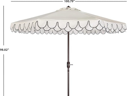 SAFAVIEH 9ft Outdoor Patio Umbrella, Round, Valance, Ivory & Black Trim, Auto Crank Tilt, UV Resistant for Deck, Backyard, Poolside (PAT8006E)