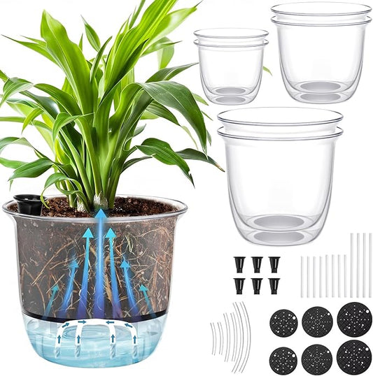 6 Pcs Clear Self Watering Pots for Indoor Outdoor Plants Flowers, 2 Each of 4, 5 and 6 Inch Self Watering Planters with Reservoir, Drainage Hole and Absorbent Cotton Rope