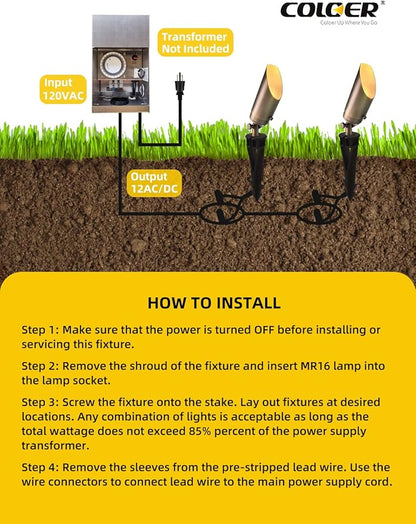 COLOER Brass Landscape Spotlights,12 Pack Spotlight Fixture Outdoor with 5W Aluminum Housing MR16 LED Bulb 2700K 450LM,12V AC/DC Low Voltage Landscape Lighting, Uplight for Garden and Patio(103B)