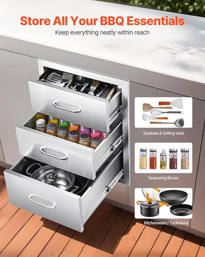 VEVOR Outdoor Kitchen Drawers 18.11" W x 23.23" D x 23.23" H, Triple-Access Stainless Steel Modular Drawer Cabinet with Handles, BBQ Island Drawer for Outdoor Kitchen or BBQ Island Patio Grill Station