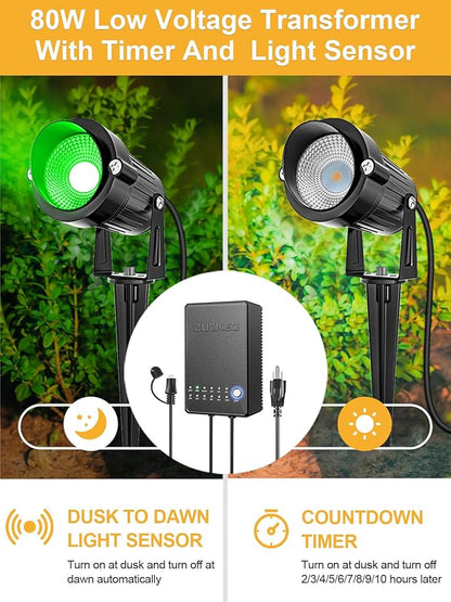 ZUCKEO All-in-One RGB Low Voltage Landscape Lighting Kit, 5W LED Color Changing Landscape Lights with Transformer and 120FT Wire, Outdoor Spotlights for Halloween Christmas Yard Garden Decor, 12Pack