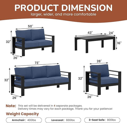 Solaste Aluminum Patio Furniture Set with 55 inch Fire Pit Table, 5 Piece Metal Outdoor Furniture with Water-Resistant Cushion, Modern Patio Conversation Set for Balcony, Front Porch, Backyard, Blue
