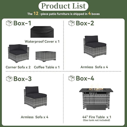 Aoxun 12 Piece Patio Furniture Set with 44” Fire Pit Table Wicker Rattan Outdoor Sectional Sofa Set with Coffee Table and Thickened Cushions, Grey/Black (Waterproof Cover Included)