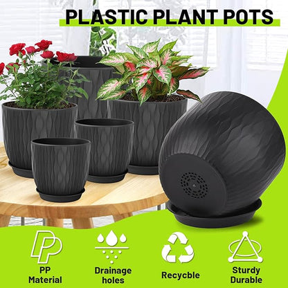 Plastic Plant Pots 10/9/8/7.5/7 inch Set of 5, Flower Planters with Drainage Holes and Saucers, Plastic Pots for Indoor Outdoor Plants, Livingroom Garden Decor (Black)