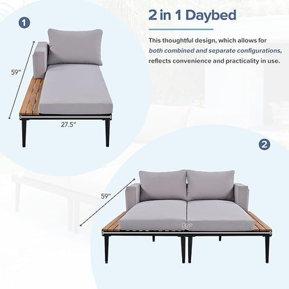 Outdoor Double Metal Daybed, with Wood Topped Side for Drinks, 2 in 1 Padded Sun Lounger with Cushions & Pillows, Patio Chaise Lounge Chair for Poolside Lawn Garden, Gray