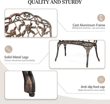 VINGLI 38.5" Patio Park Garden Outdoor Metal Rose Bench, 2-Person Cast Iron Cast Aluminium Frame Antique Finish Chair,Accented Lawn Front Porch Path Yard Decor Deck Furniture (Bronze, Rose)