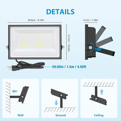 110W Flood Lights Outdoor, LED Work Light with Plug, Daylight White 6500K LED Flood Light, IP66 Waterproof Exterior Security Lights for Yard Garage Stadium 4 Pack