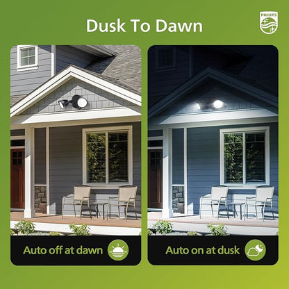 Philips Dusk to Dawn 44W 3500LM LED Security Flood Lights Outdoor, 5000K Daylight, Wet Location, Dual Adjustable Heads Aluminum Wall Light for Yard Garage Porch