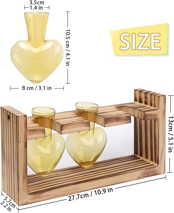 Terrarium Set Heart Shaped Glass with Wood Stand, Gold, 3 Vases