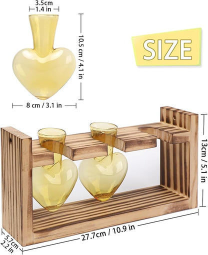 Terrarium Set Heart Shaped Glass with Wood Stand, Gold, 3 Vases