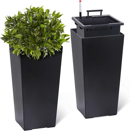Garvee 22.5" Tall Planters Set of 2, Outdoor＆Indoor Black Planter Pots, High Front Porch Planter Pots with Drainage Holes＆Water Level Monitor＆Inner Bucket,Black