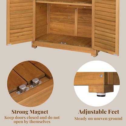 Outvita Outdoor Storage Cabinet, 63in Wooden Garden Tools Shed with 2 Lockable Doors, 3 Adjustable Shelves, Waterproof Roof for Yard Garge Patio Deck Porch, Natural