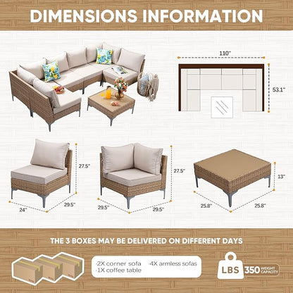 7 Piece Wicker Patio Furniture Set,Outdoor Conversation Sectional Sofa w/Coffee Table,All-Weather Outdoor Sofa with Thick and Anti-Slip Cushions for Deck,Poolside,Garden,Beige