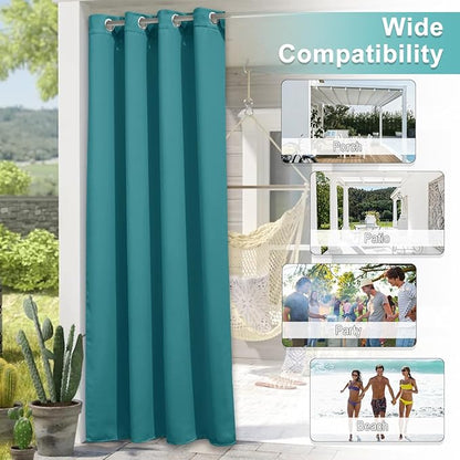 NICETOWN Peacock Teal Patio Outdoor Curtains 95 inch Length, Thermal Insulated Silver Stainless Steel Grommet Weighted Room Darkening Indoor Outdoor Drapes for Terrace, W52 x L95, 1 Panel