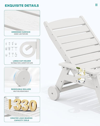 SERWALL Patio Chaise Lounge Chair Set of 2 with 9FT Patio Umbrella, 78'' HDPE Outdoor Lounger, Poly Lounge Chair with Rolling Wheels & Cup Holder for Pool,Light White (Umbreall Base not Included)